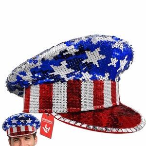 Iridescent Patriotic USA 4th of July American Flag Sequins Military Captain Hat